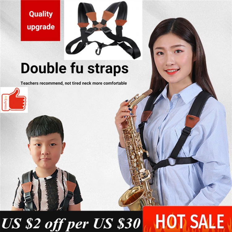 Adult Child Soft Sax Strap Leather Double Shoulder Saxophone Straps With Steel Hook For Alto Tenor Soprano Sax  Saxophone Parts