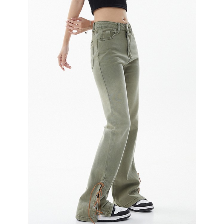 Flare Jeans Pants Women American Vintage Denim Ladies Jeans High Waist Fashion Stretch Pocket Trousers Bandage Wide Leg Jeans