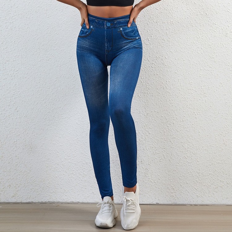 Women Jeggings Faux Denim Jeans Leggings High Waisted Tummy Control Slim Leggins Printed Pencil Pants Seamless Skinny Trousers