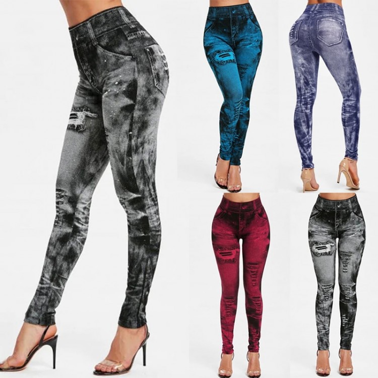 Sexy astic Imitation  Jeans Leggings High Waist Pants Fitness Slim Legg Mujer 2021 Sport Push Up Leggings For Women Hot