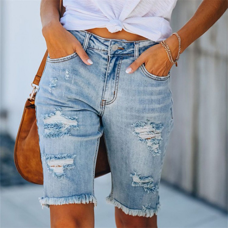 2022 New Cycling Denim Shorts Women Fashion Ripped Tassel Tight Five-Point Shorts Washed Sexy Female Summer Thin Short Jeans