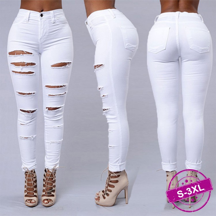 Hot sale ripped jeans for women sexy skinny denim jean fashion Mid waist street casual pencil pant female spring  clothing