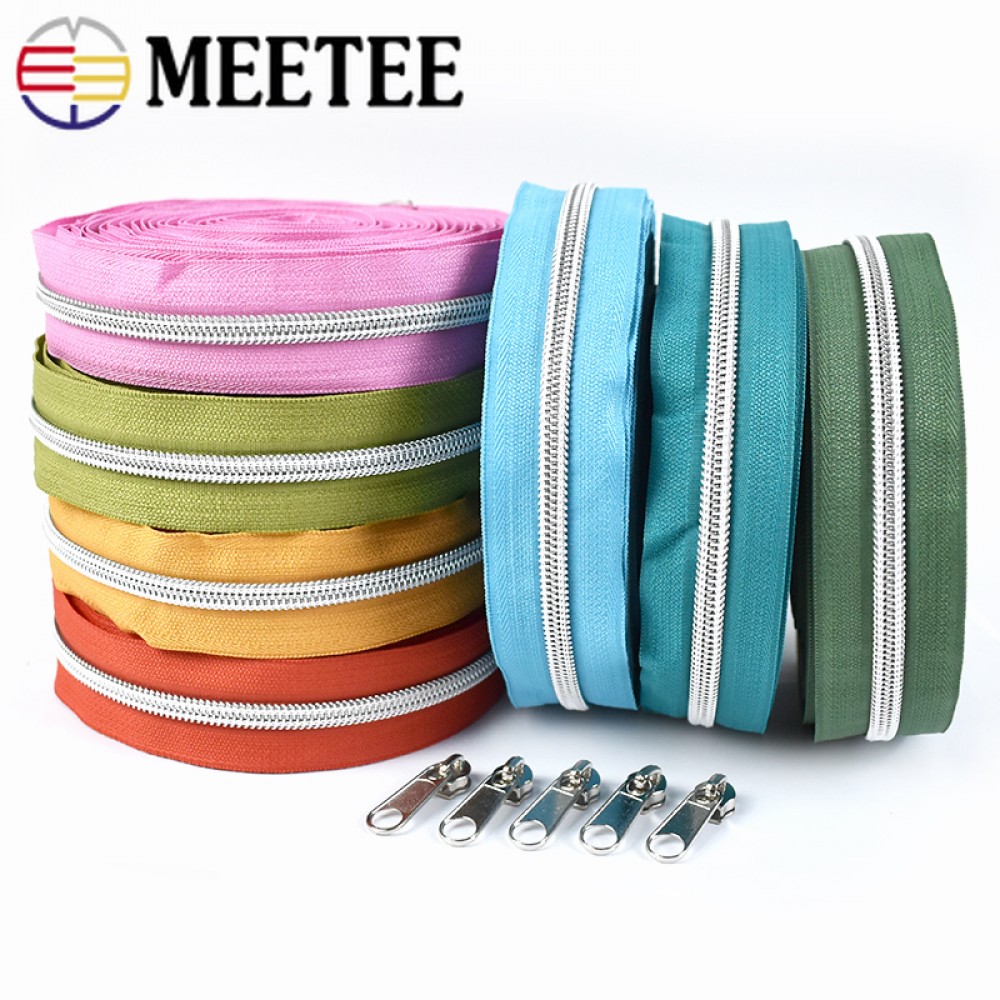 Meetee 4/8/10Meters 5# Nylon Zippers Silver Teeth Coil Zip with Slider for Bags Zipper Repair Kit DIY Clothes Sewing Accessories