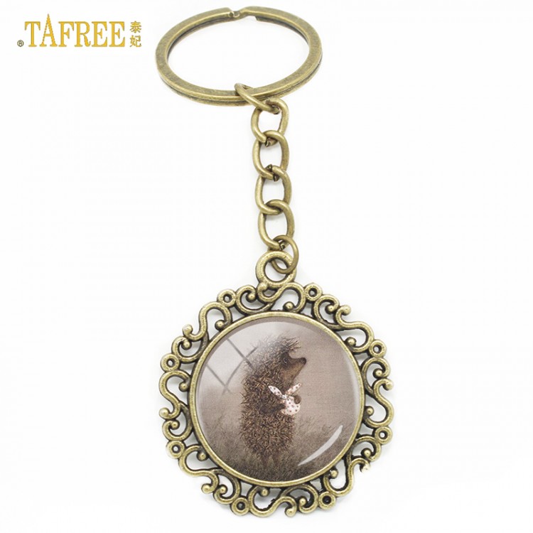 TAFREE Vintage Hedgehog In The Fog Keychain Antique Bronze Plated Glass Cabochon Dome Key Chain Keyring Animal Jewelry Gift H230