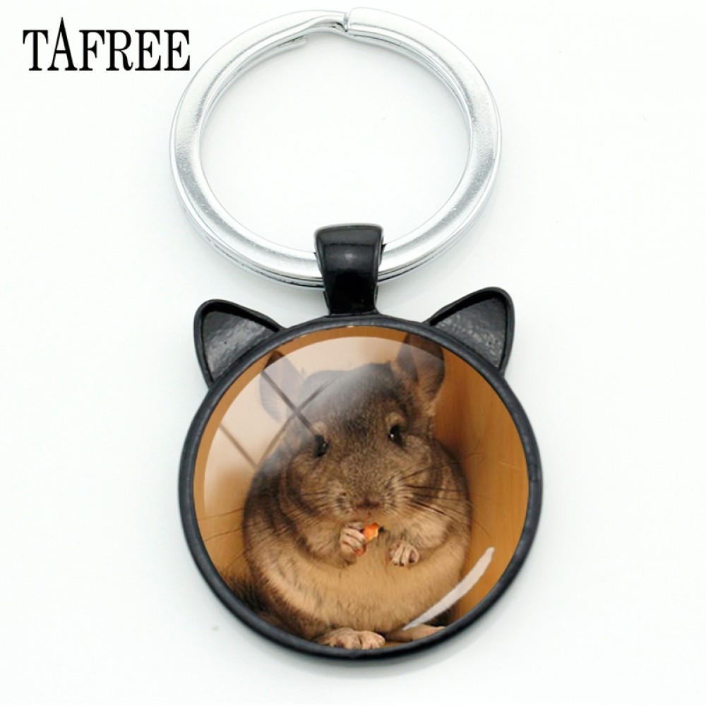 TAFREE Cute Animal Chinchilla Glass Photo Ear keychain  Round Handmade Pendant Keychains ring Women Key Accessories QF925