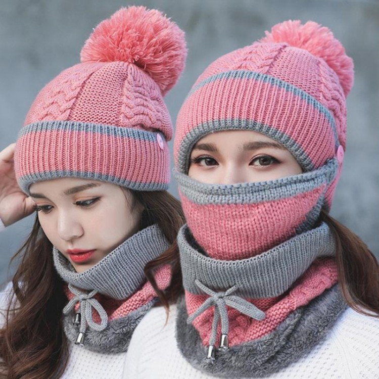 3-piece set of anti-fog hat women winter beanie velvet thick bib face mask dust cap thick warm knitted wool hat