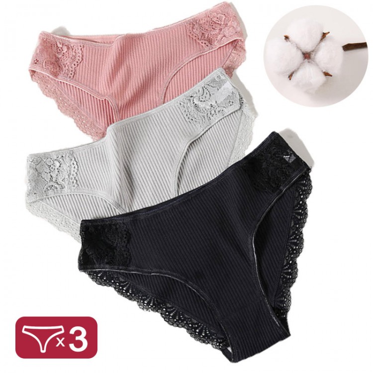M-XXL 3PCS Women&#39;s Cotton Panties Set Floral Lace Briefs Underwear Comfortable Panty for Female Sexy Low-Rise Intimates Lingerie