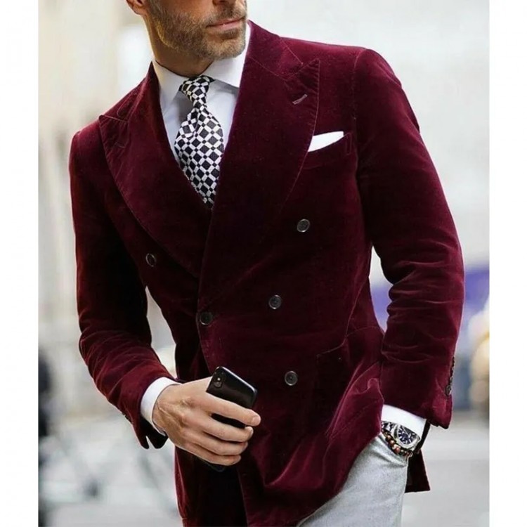  Burgundy Double Breasted Velvet Blazer for Dinner Italian Style Jacket Elegant Smoking Suit Coat For Wedding Prom Party