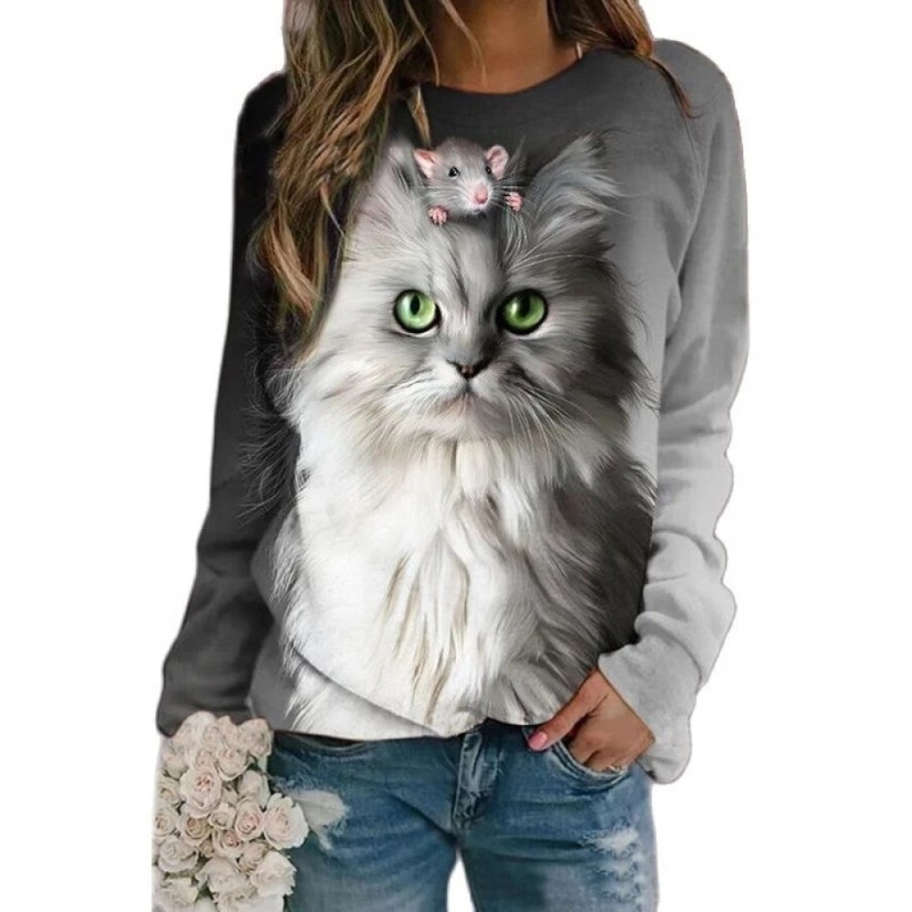 2021 New Women Long Sleeve Tee Cute Cat Printed O-Neck Female T-Shirt Casual Loose Ladies  Tee Streetwear Autumn Clothes
