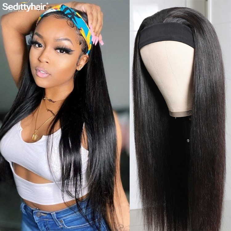SedittyhairStraight Headband Scarf Wig Glueless Human Hair for African American Women Affordable Headband human hair Wig