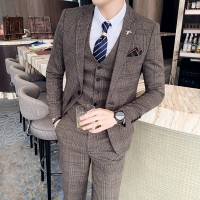 ( Jacket + Vest + Pants ) Boutique Fashion  Plaid Casual Business Suit High-end Social Formal Suit 3 Pcs Set Groom Wedding