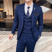 ( Jacket + Vest + Pants ) Boutique Fashion  Plaid Casual Business Suit High-end Social Formal Suit 3 Pcs Set Groom Wedding