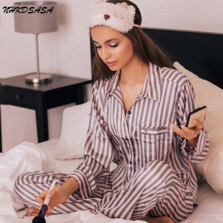 Summer Pajamas for Women Satin Silk Stripes Sleepwear Pyjamas Short Pink Loungewear Pjamas Ladies Home Suit Homewear Woman