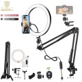 LED Selfie Ring Light Phone Stand With Folding Arm Circle Fill Light Dimmable Tripod Photography RingLight For YouTobe Streaming