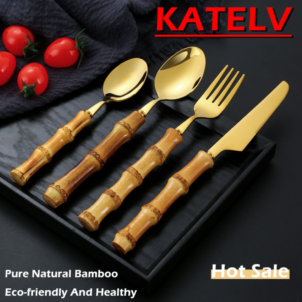 4Pcs Bamboo Tableware Set Gold Stainless Steel Steak Knives Forks Tea Dessert Spoons Nature Handle Cutlery Luxury Dinnerware Set