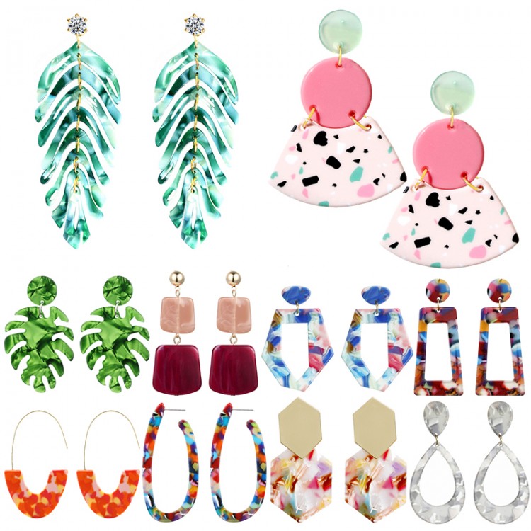 Earrings For Women Girls Fashion Cute Beautiful Leaf Feather Geometry Colorful Drop Hanging Dangle Trend Acetate Board