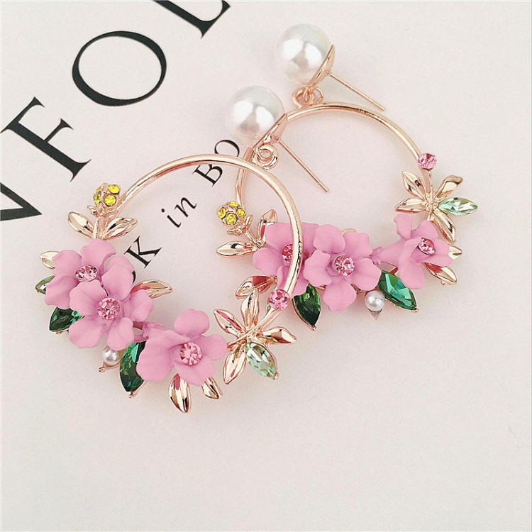 Trendy Gold Metal Round Circle Drop Earrings Cute Pink Flower Earrings for Women Girls Jewelry Female Rhinestone Gifts Brincos