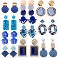 Korean Round Acrylic Resin Blue Earrings for Women Sky Sea Color Luxury Rhinestone Drop Earrings Geometric Wood Square Jewelry
