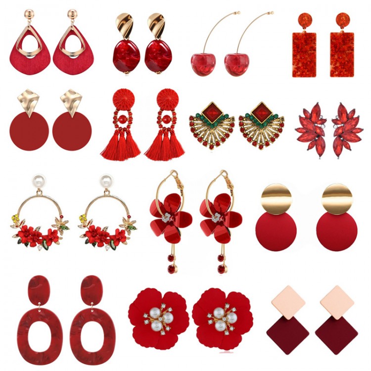 Elegant Geometric Round Red Color Sweet Drop Earrings for Women Pearl Flower Cherry Wedding Earrings Tassel Brincos Jewelry 2021