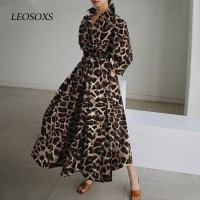 2022 Leopard Print Long Shirt Dress Elegant Women Lapel Neck Offlice Lady Work Dress Solid Long Sleeve Casual Sundress Robe 5XL
