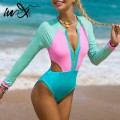 In-X Patchwork one piece swimsuit women&#39;s swimming suit Long sleeves swimwear female O-neck monokini Cut-out bathing suit Zipper