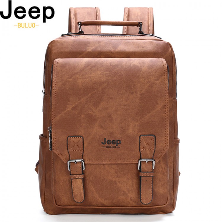 JEEP BULUO Men 15.6&quot; Laptop School Bag Men Leather Backpacks Travel Multi Male Mochila Military camouflage style