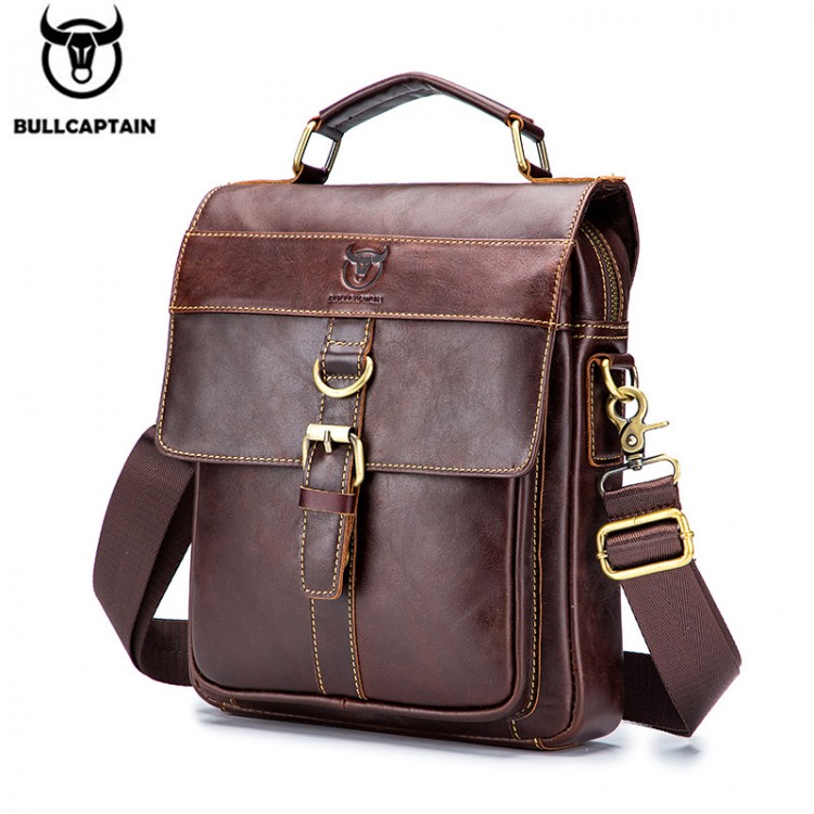 BULLCAPTAIN retro business messenger bag, leather men&#39;s shoulder bag, fashion casual handbag, teen student bag
