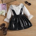 Children&#39;s Clothes Suit Girls Lace Bottoming Shirt +Leather PU Strap Skirt 2 Pcs Spring Autumn Baby Fashion Long-Sleeved Outfits