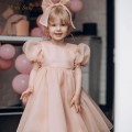 Fashion Girl Princess Vintage Dress Tulle Child Vestido Puff Sleeve Pink Wedding Party Birthday Tutu Dress Child Clothes 1-14Y