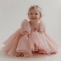 Fashion Girl Princess Vintage Dress Tulle Child Vestido Puff Sleeve Pink Wedding Party Birthday Tutu Dress Child Clothes 1-14Y