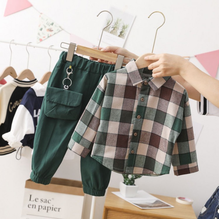 2 Pcs Spring Cotton Toddler Children Clothing Sets Plaid Shirt+Pants Baby Boys Clothing Suit Kids Clothing for Boys Sets Clothes