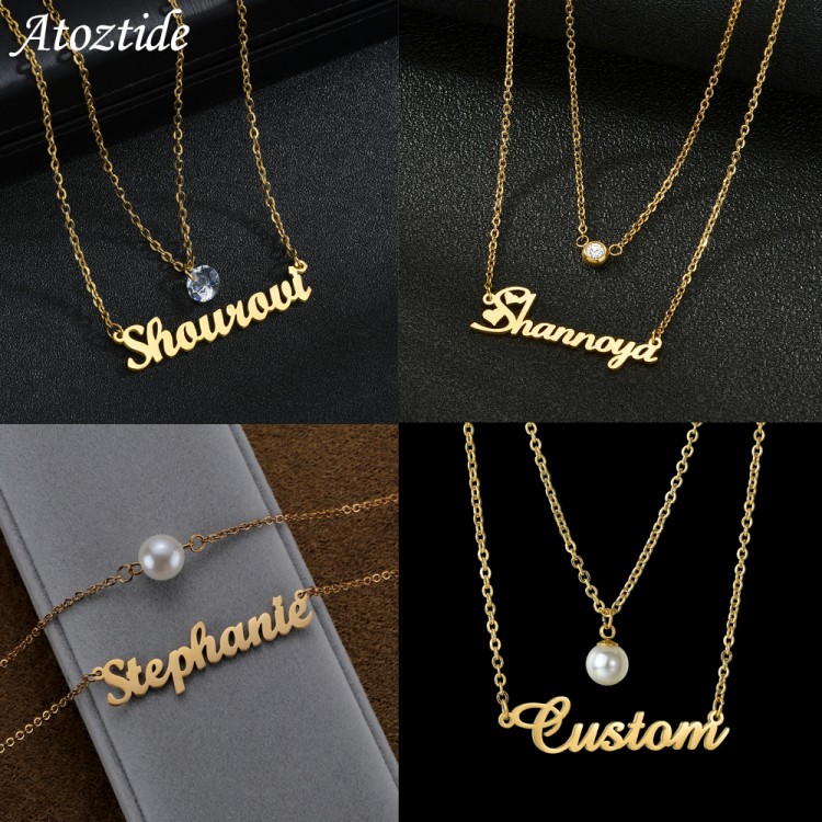 Atoztide Custom Name Necklace Double Layers Crystal Pearl Stainless Steel Personalized Pendant Choker for Women Jewelry Gifts