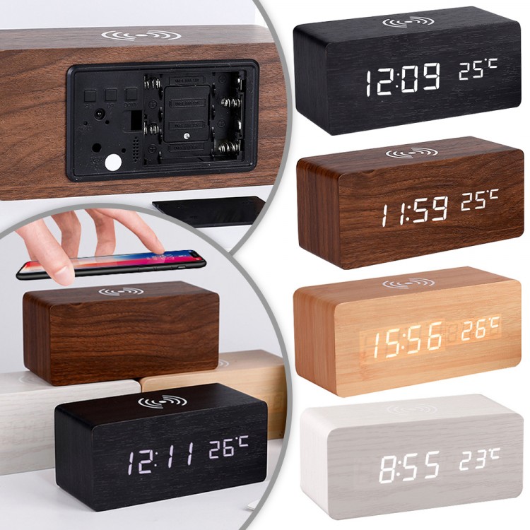 Modern Wooden Wood Digital LED Desk Alarm Clock Thermometer Wireless Charger With Qi Wireless Charging Pad Alarm Clock LED