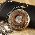 Solid Wood Mechanical Pocket Watch FOB Chain Locket Dial Hollow Steampunk Skeleton Men Women  Male Clock Watches Box Package
