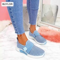 Fashion Women&#39;s Shoes Flat Soft Bottom Mesh Breathable Casual Sneakers Rhinestone Single Shoes Large Size Women Sports Shoes