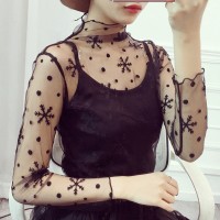 Fashion Brand New Hot Sexy Long Sleeve See Through Mesh Fishnet Casual Top Tee Shirt Sheer Black Lace Star Dots Tops Women 2022