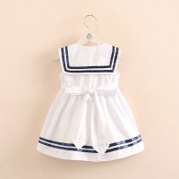 2021 Summer 2-10T Years Children Sweet Sleeveless Vest Bow Sailor Collar Navy Blue White Patchwork Little Kids Navy Girls Dress