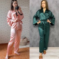 HECHAN Solid Women Robes With Sashes 2 Piece Set Wrist Sleep Tops Satin Pants Loose Pajamas Casual Sleepwear Female Home Suits
