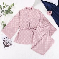 HECHAN Solid Women Robes With Sashes 2 Piece Set Wrist Sleep Tops Satin Pants Loose Pajamas Casual Sleepwear Female Home Suits