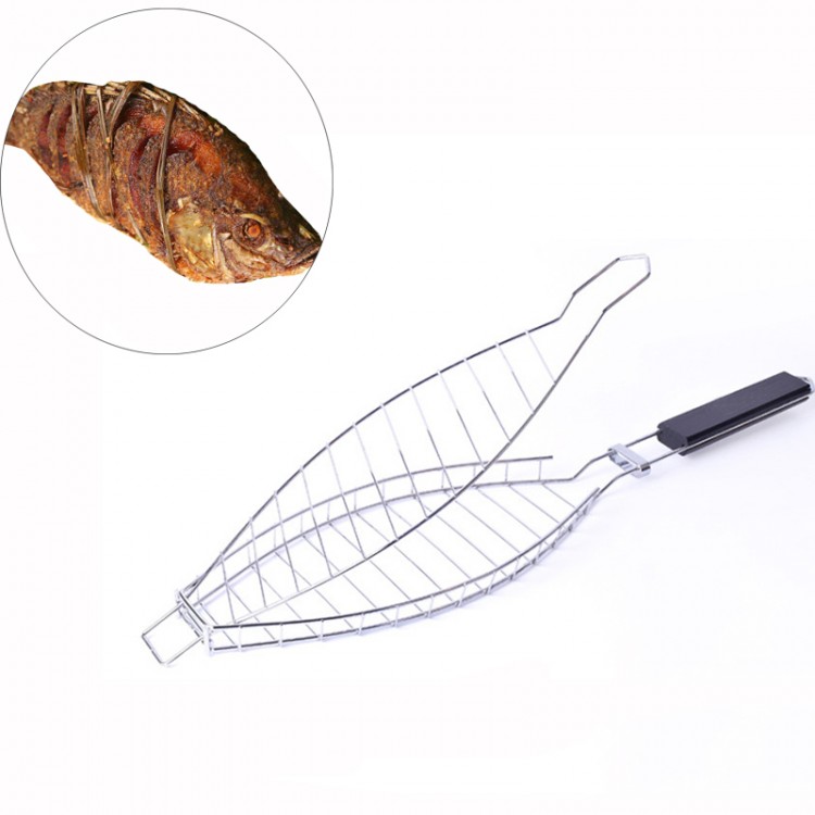 Barbecue Fish Wire Mesh Non-stick Tool Collapsible Shelf Wooden Handle Grill Meshes Roast Meat BBQ Tool Stainless Steel Fork 1pc