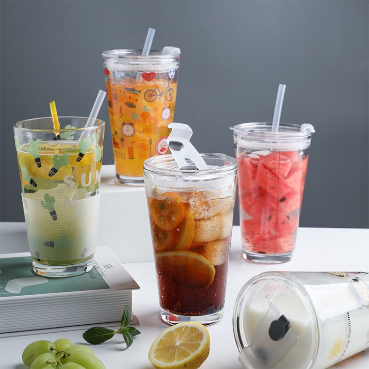 Portable Water Cup Creative Simple Scale Transparent Straw Glass Coffee Cups Household Products Drinkware Kitchen Supplies