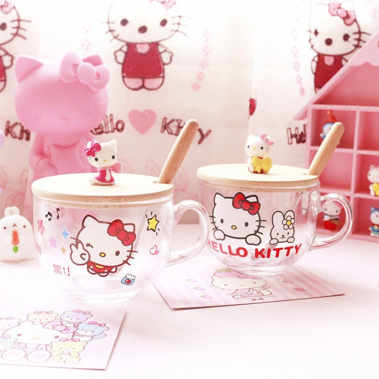 KT Cat kawaii Cute Cartoon Milk Cup Cute Girl Heart Oatmeal Cup with Lid Spoon Large Capacity Milk Tea Cup Glass Yogurt Cup