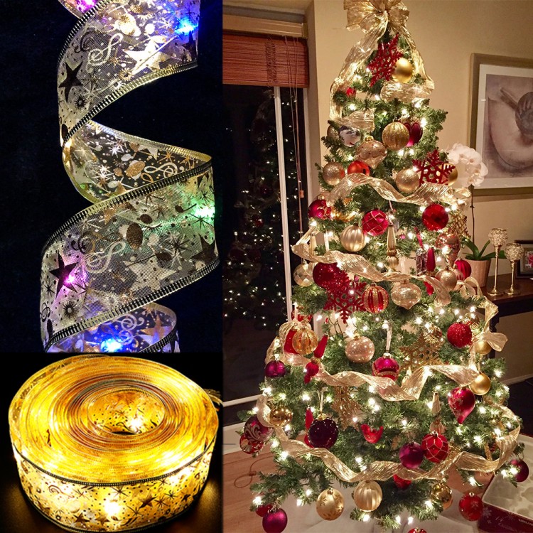 Christmas Decoration LED Ribbon Lights Christmas Tree Ornaments DIY Lace Bows String Lights Navidad Home Decors New Year 2022