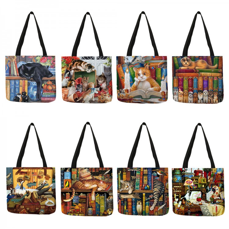 Customize Oil Painting Cat Print Womens Designer Tote Bags Linen Reusable Shopping Bag For Groceries Shoulder Bags for Lady 2020