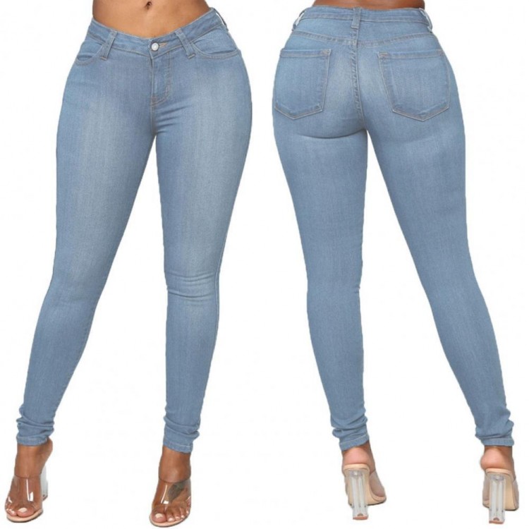 Autumn Solid Color High Elastic Women Jeans Button Zipper Fly Butt-lifting Mid Waist Thin Denim Slim Trousers Female Clothing