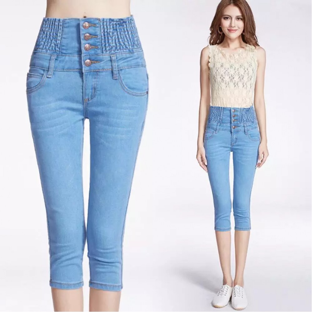 Women Summer Knee Length Pants High Waist Button Jeans Female Tight Elasticity Small Pants Korean Version Cuffs Was Thin Jeans