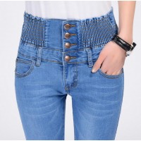 Women Summer Knee Length Pants High Waist Button Jeans Female Tight Elasticity Small Pants Korean Version Cuffs Was Thin Jeans