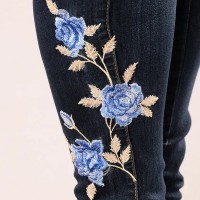 Stretch Embroidered Jeans For Women Elastic Blue Flower Jeans Female Pencil Denim Pants Rose Pattern Pantalon Femme