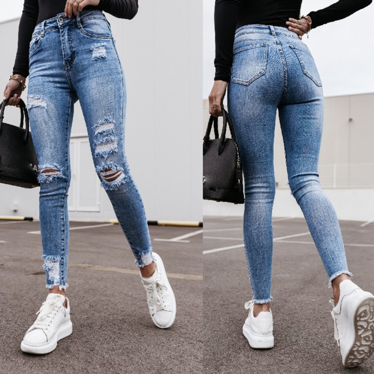 2022 New Fashion Women Mid Waist Skinny Jeans Ladies Ripped Hole Tassel Stretch Denim Pencil Long Pants Female Slim Trousers