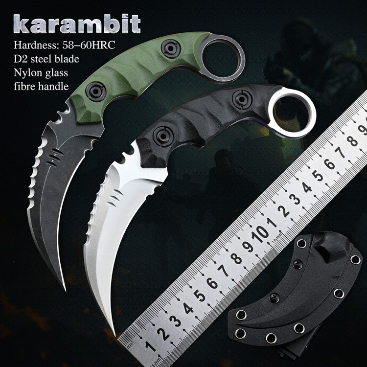 CS GO Karambit D2 Steel Fixed Blade Knife Outdoor Camping Survival Hunting Pocket Knives Tactical Military Self Defense Tool
